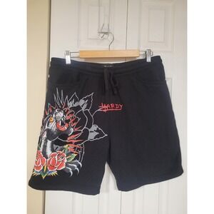 ED Hardy Vintage Y2K Mens Black Panther/Rose Graphic Sweat Urban Shorts Sz L